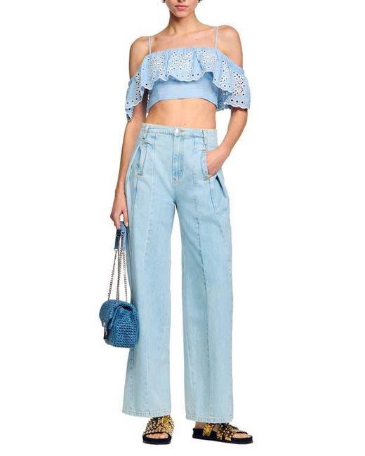 Sandro Blue Alon Ruffle Eyelet Cold Shoulder Crop Top