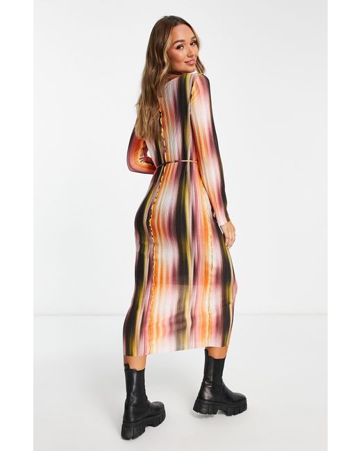 TOPSHOP Multicolor Stripe Plissé Long Sleeve Dress