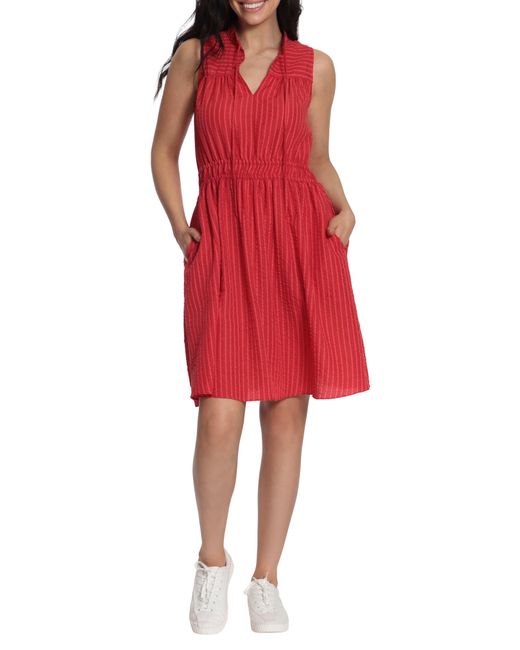 London Times High Neck Sleeveless Stripe Print Fit & Flare Dress In Red