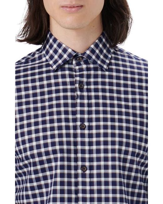 Bugatchi Blue Classic Fit Check Stretch Cotton Button-Up Shirt for men