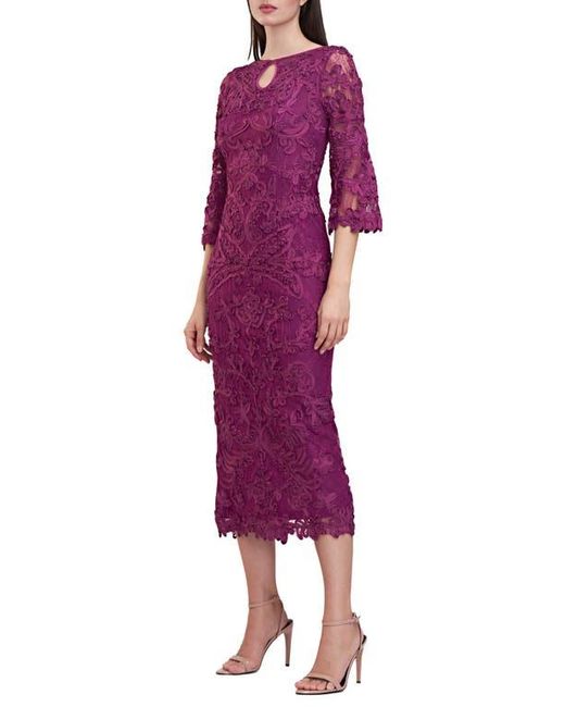 js collections soutache mesh sheath dress JS Collections Violette Soutache Mesh 3/4 Sleeve Square Neck Sheath Midi Dress