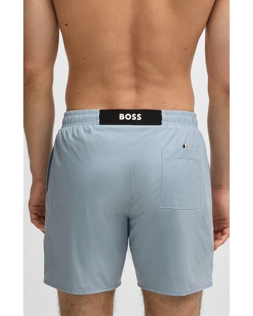 Boss Blue Solid Stretch Swim Trunks for men