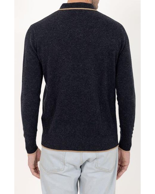 PINOPORTE Blue Johnny Collar Long Sleeve Wool Polo for men