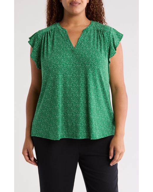Adrianna Papell Green Print Flutter Sleeve Top