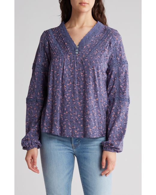 Lucky Brand Purple Floral Print Lace Inset Top