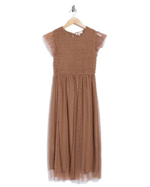 Blu Pepper Brown Smocked Flutter Sleeve Midi Dress