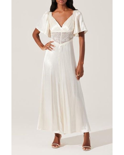 Astr Aurelia Flutter Sleeve Lace & Satin Dress in Natural | Lyst