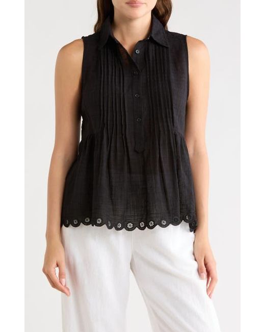 Max Studio Black Sleeveless Button Front Eyelet Top