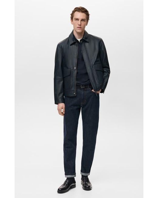 Mango Blue Leather Jacket With Pockets for men