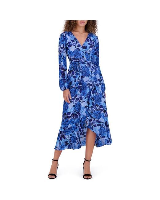Kensie Blue Floral Burnout Long Sleeve Midi Dress
