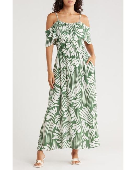 AREA STARS Green Fan Print Cold Shoulder Maxi Dress