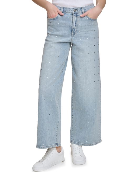 DKNY Blue Stud Detail High Waist Wide Leg Jeans