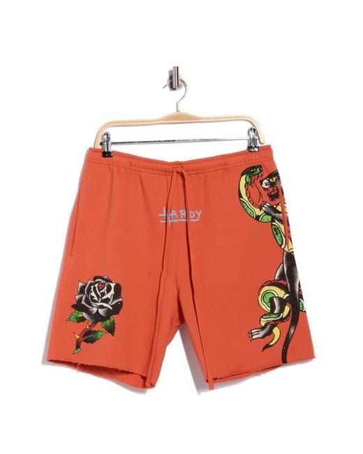 Ed Hardy Orange Panther Drawstring Shorts for men