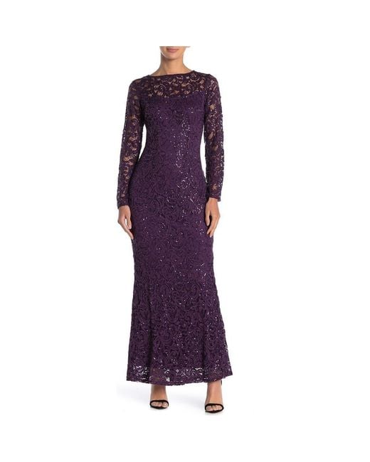 Marina Purple Sequin Lace Long Sleeve Gown