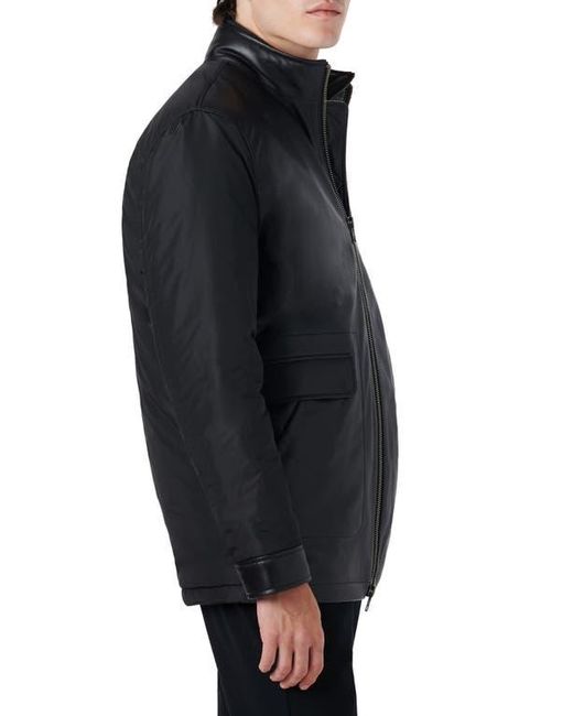 Bugatchi Black Full Zip Leather Bomber Jacket With Removable Bib for men