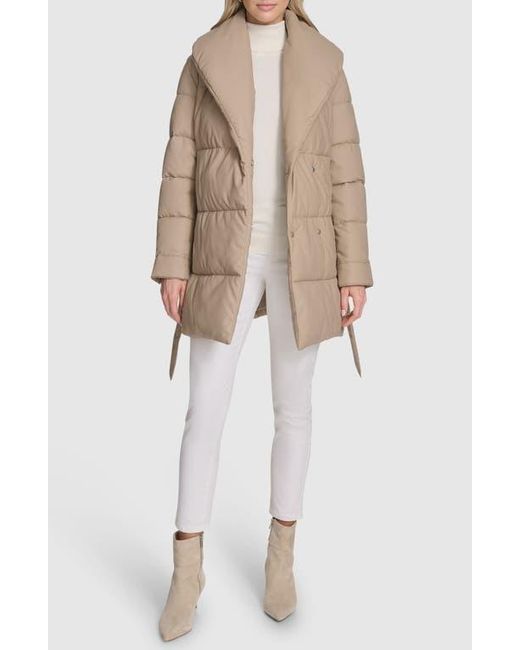 Andrew Marc Natural Adela Faux Leather Shawl Collar Quilted Wrap Coat