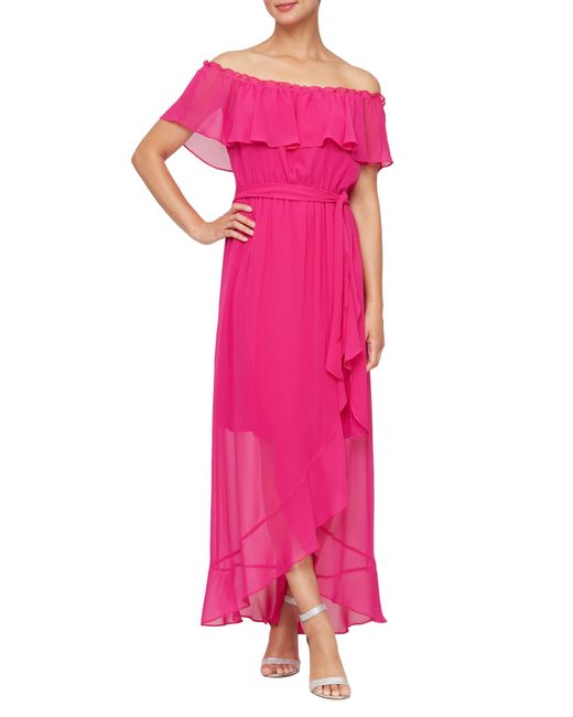 Sl Fashions Pink Off-the-shoulder Ruffle High-low Dress