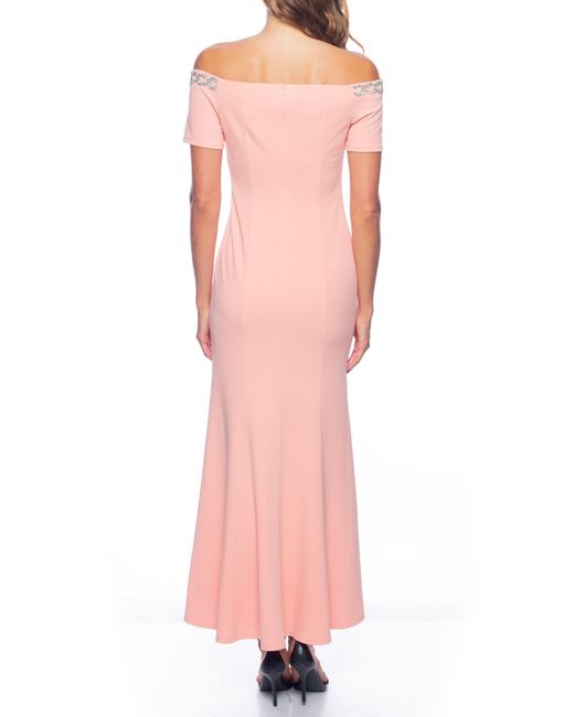 Marina Pink Beaded Off-the-shoulder Short Sleeve Trumpet Gown