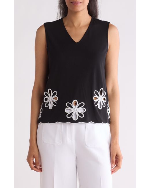 Adrianna Papell Black Embroidered Floral Moss Crepe Tank
