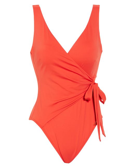 Vince Camuto Surplice Neck Wrap One-piece Swimsuit in Red | Lyst
