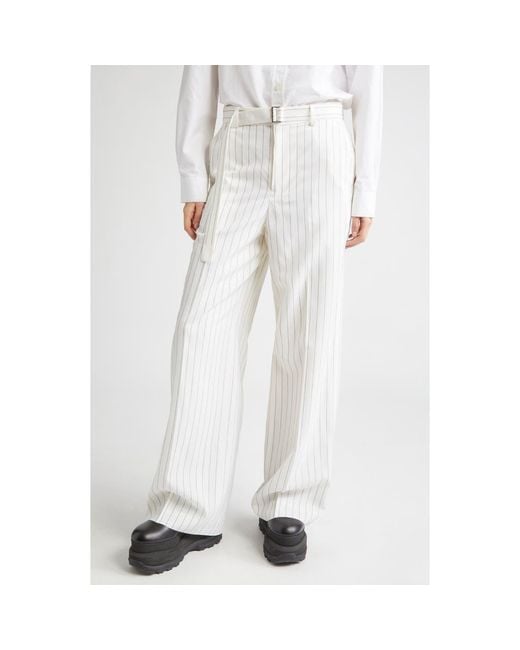 Sacai White Stripe Wool & Silk Wide Leg Pants