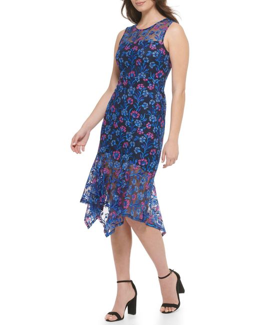 Kensie Blue Floral Embroidered Sleeveless Midi Dress