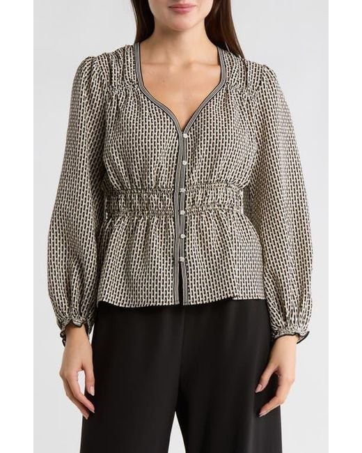Max Studio Gray Balloon Sleeve Button-Up Peplum Top