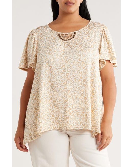 Ruby Rd Natural Embroidered Puff Print Flutter Sleeve T-Shirt