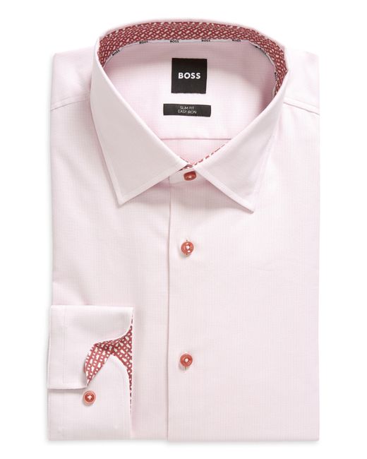 Boss Pink Hank Kent Slim Fit Easy Iron Stretch Cotton Dress Shirt for men