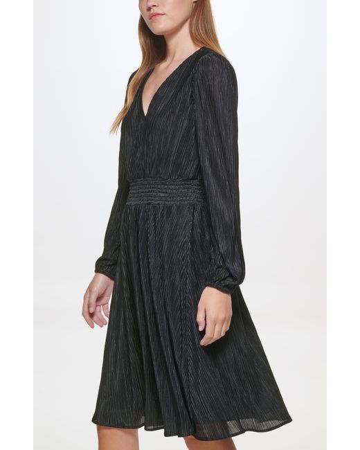 Kensie Black Pleated V-neck Long Sleeve A-line Dress