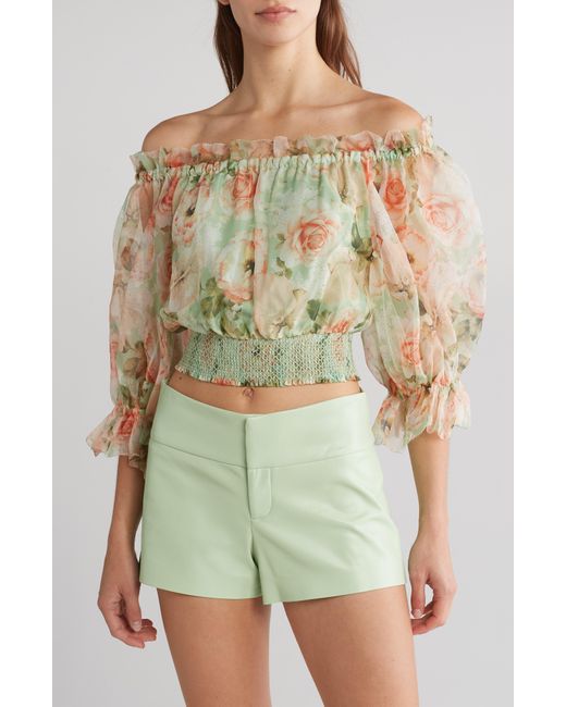 Alice + Olivia Green Alice + Olivia Caprina Off The Shoulder Bubble Sleeve Silk Crop Top