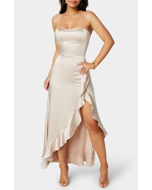 Bebe Lace-Up Back Ruffle Satin Maxi Dress in Natural | Lyst