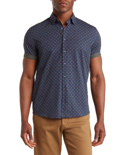 Stone Rose Blue Pineapple Print Short Sleeve Stretch Cotton Button-up Shirt for men
