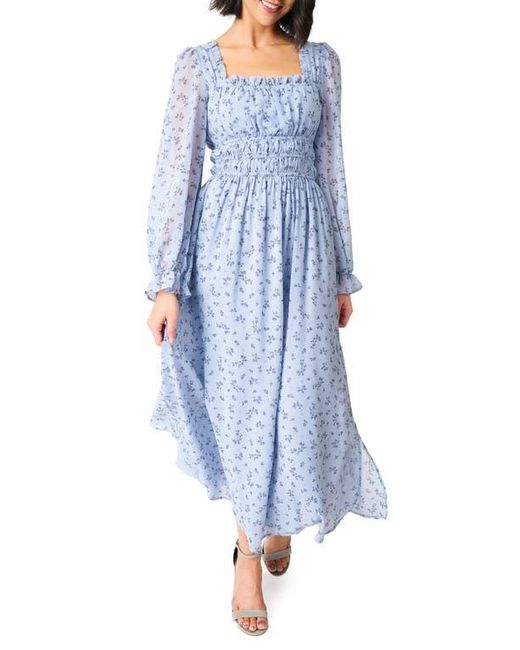 Gibsonlook Blue Floral Print Shirred Long Sleeve Maxi Dress
