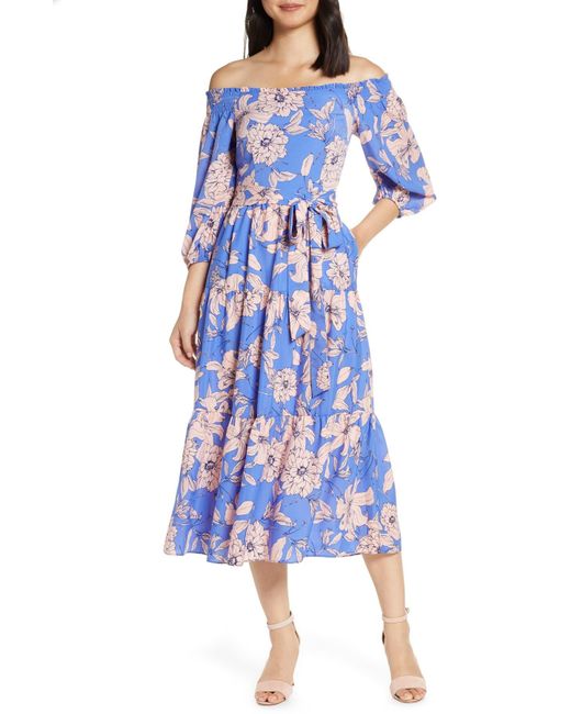 Eliza J Blue Floral Off The Shoulder Midi Dress