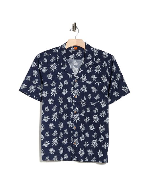 Tailor Vintage Blue Puretec Cooltm Cabana Print Short Sleeve Linen & Cotton Button-up Shirt for men