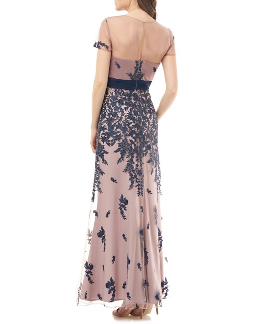 JS Collections Blue Floral Embroidered Evening Dress
