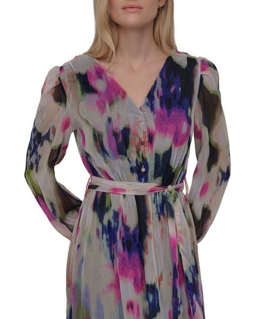 DKNY Multicolor V-Neck Long Sleeve Fit & Flare Dress