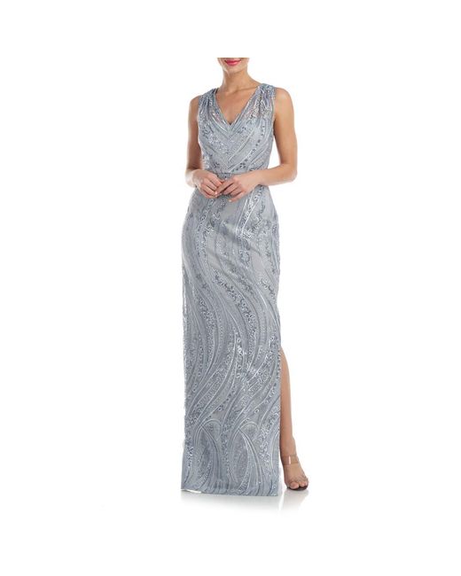 JS Collections Gray Rosalynn Embroidered Floral V-Neck Column Gown