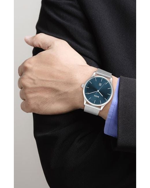 Boss Gray Reason Quartz Mesh Strap Watch, 43Mm for men