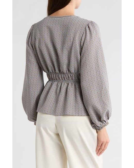 Max Studio Gray Balloon Sleeve Button-Up Peplum Top