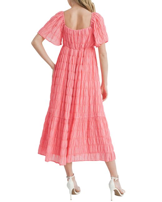 Lush Pink Textured Flutter Sleeve Midi Dress