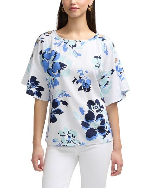 Ellen Tracy Blue Round Neck Button Detail Linen Blend Top