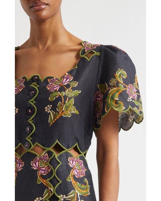 FARM Rio Ravenala Floral Short Sleeve Midi Dress in Black