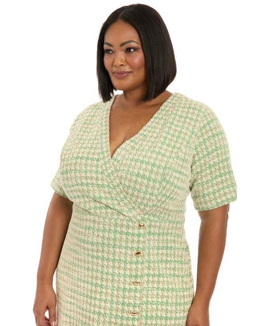 London Times Green Short Sleeve Bouclé Faux Wrap Dress