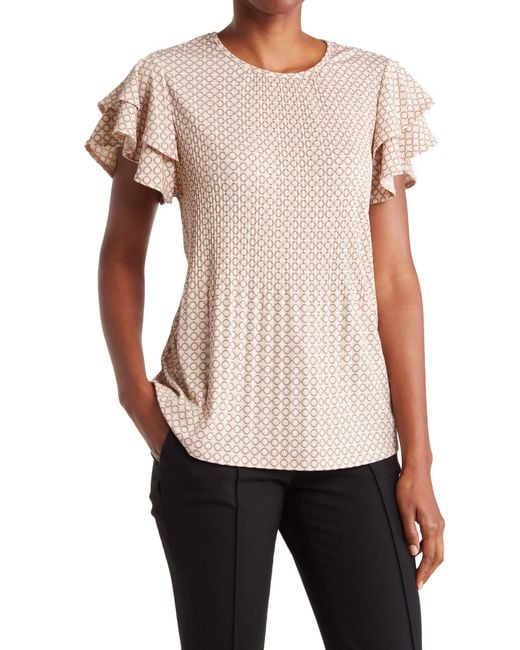 Adrianna Papell Printed Flutter Sleeve Top In Champagne Blush Leaf