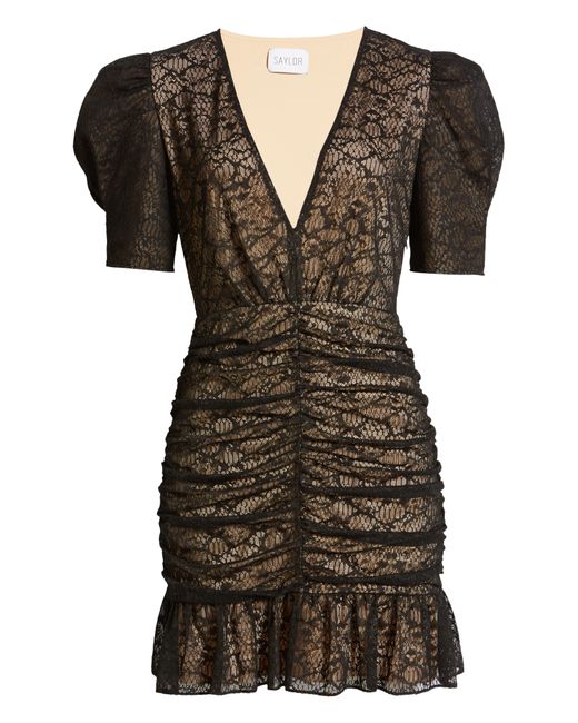 Saylor Reena Ruched Lace Cocktail Minidress In Black At Nordstrom Rack