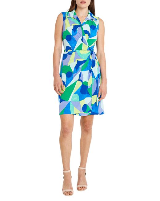 DONNA MORGAN FOR MAGGY Blue Abstract Print Wrap Front Sleeveless Dress