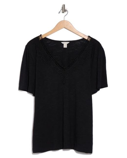 Caslon Black Embroidered Cutwork V-Neck T-Shirt