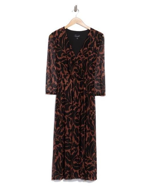 Connected Apparel Brown Long Sleeve Faux Wrap Mesh Midi Dress
